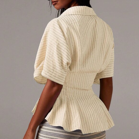 Yellow Women's Casual Minimalist Striped button down pleated Waist Shirt - Picture 2 of 5